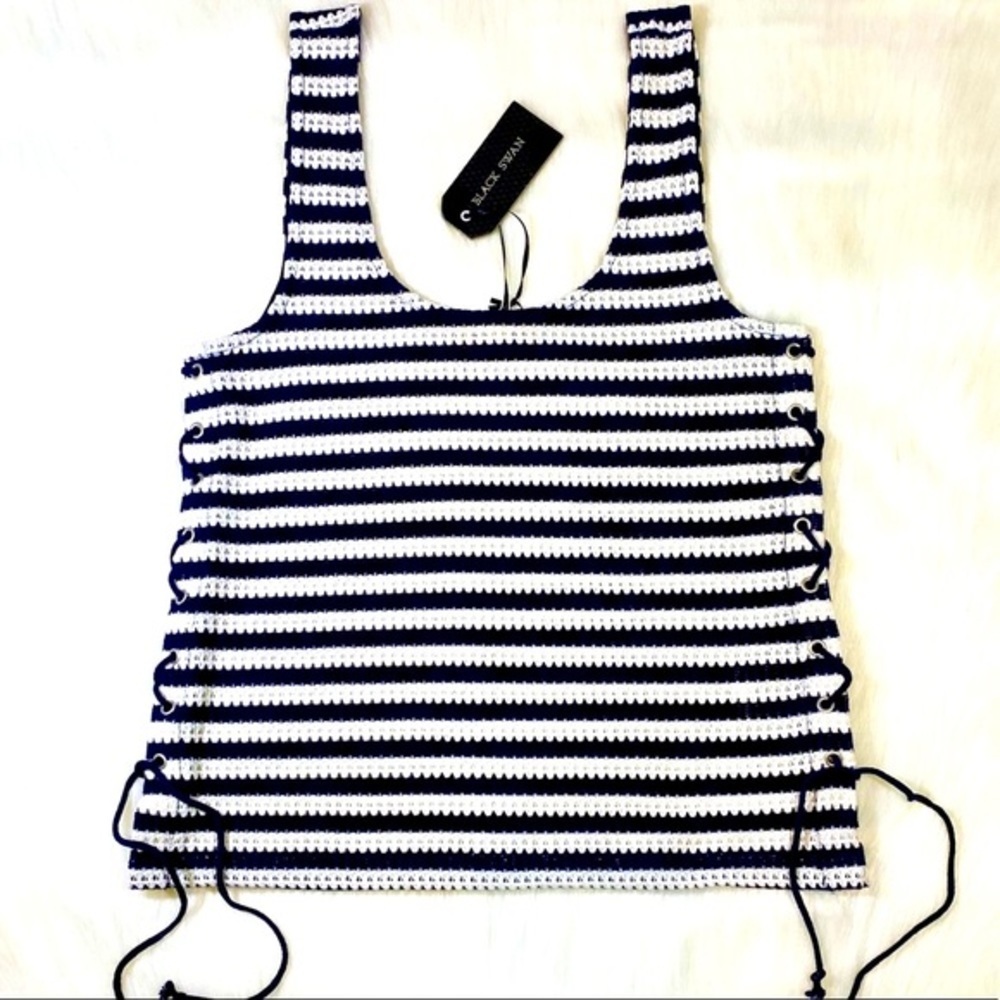 Laceup Cutout Tank Top Lace Up Sides Knit Striped - Picture 3 of 12